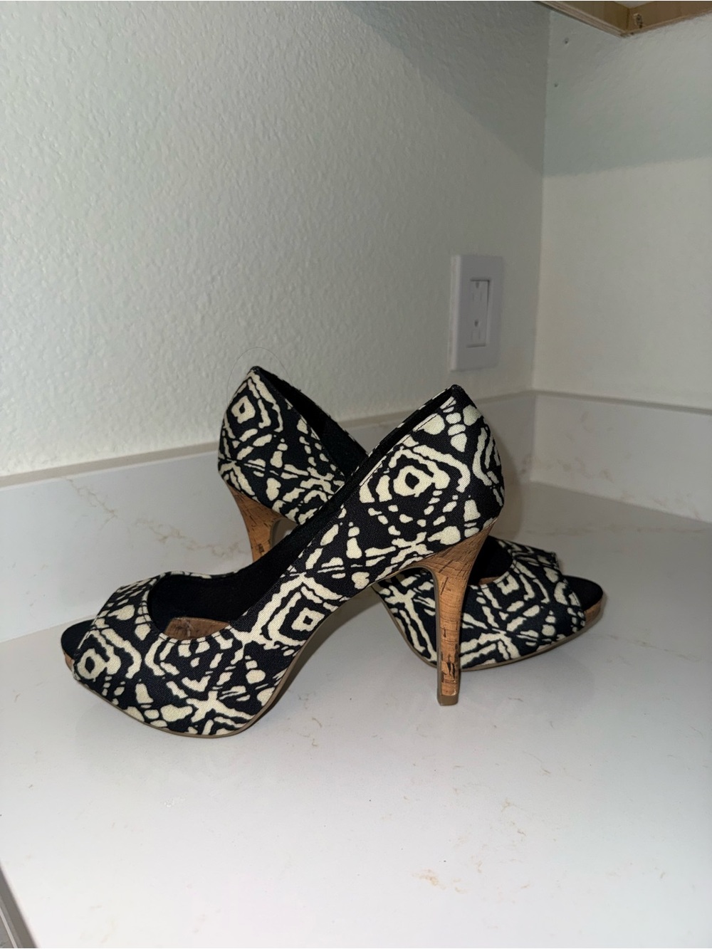 Christian Siriano Peep-Toe Patterned High Heels in Black and White